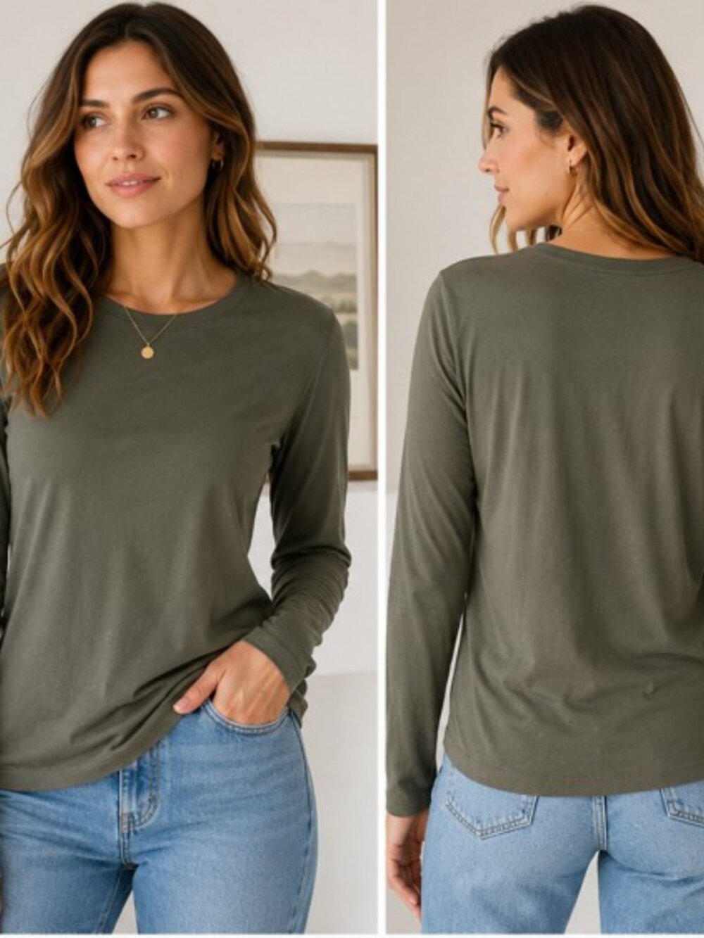 Quince Long Sleeve Crewneck Tee Womens Medium Olive Green Cotton Modal Shirt